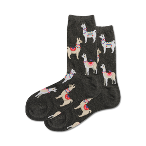 Close-up shot of charcoal gray alpaca socks showcasing the detailed llama illustrations and soft fabric.