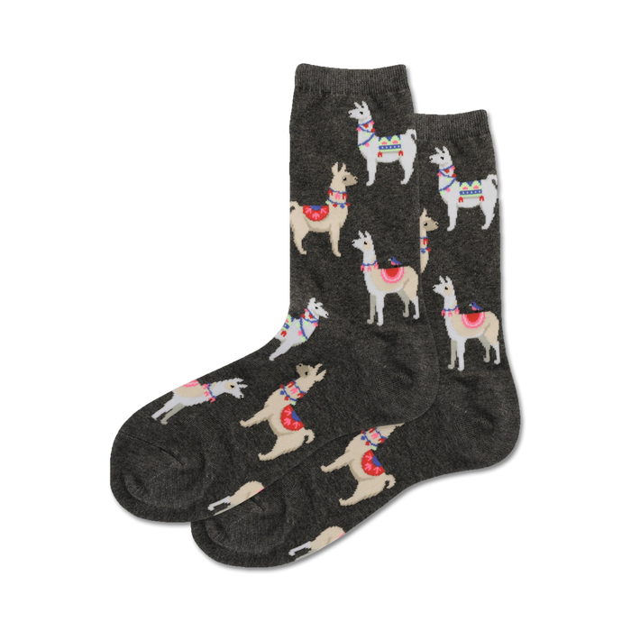 Close-up shot of charcoal gray alpaca socks showcasing the detailed llama illustrations and soft fabric.