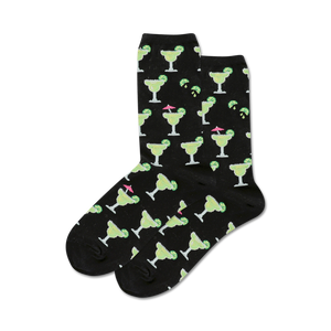 Pair of crew socks, black and lime green, featuring a repeating pattern of margarita glasses with lime wedges and cocktail umbrellas.
