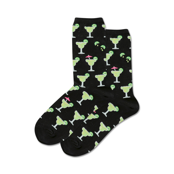 Pair of crew socks, black and lime green, featuring a repeating pattern of margarita glasses with lime wedges and cocktail umbrellas.