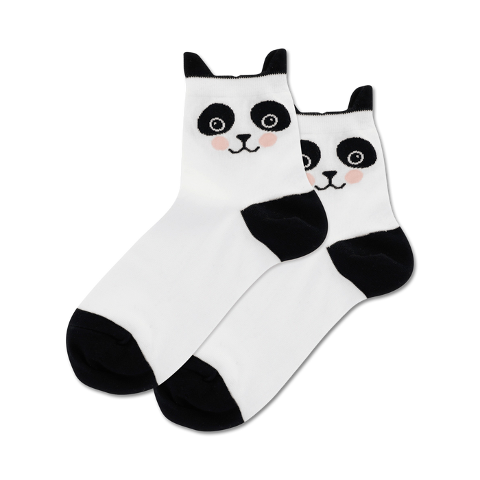 Pair of white crew socks with black panda faces and ears. Black accents at the toes. }}