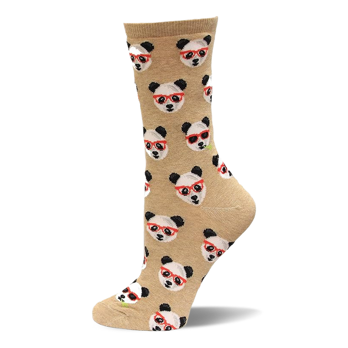 Crew sock, light brown with repeating pattern of white and black panda faces wearing red-rimmed glasses or sunglasses. }}