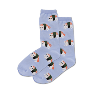 Pair of light blue crew socks featuring a repeating pattern of cute cats shaped like sushi rolls.