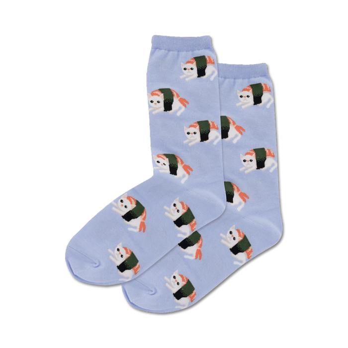 Pair of light blue crew socks featuring a repeating pattern of cute cats shaped like sushi rolls.