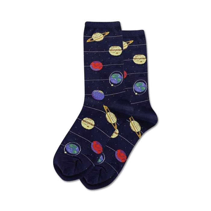 Pair of navy blue crew socks with a glow-in-the-dark design. The socks feature colorful planets, stars, and stripes. }}