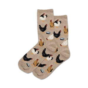 Pair of crew socks, beige and light blue, with a repeating pattern of chickens eating from bowls.
