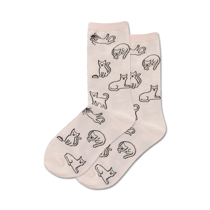 Pair of cream crew socks with a repeating pattern of black cat outlines in various poses. Simple, cute design. }}