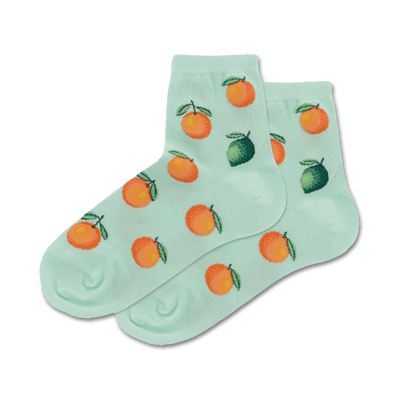 Pair of mint green ankle socks featuring a pattern of oranges and limes. Fun, fruity design!