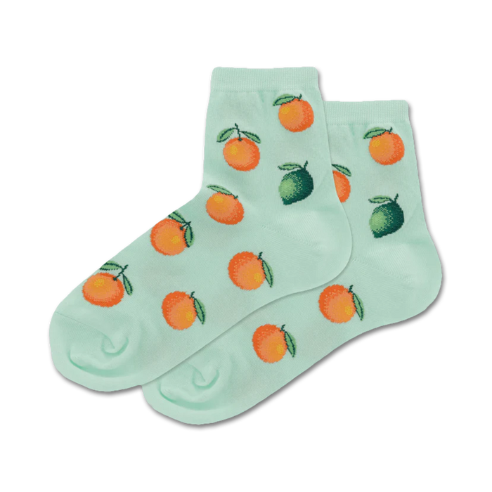  ankle socks for women with a pattern of oranges and green limes on a light green background.   }}
