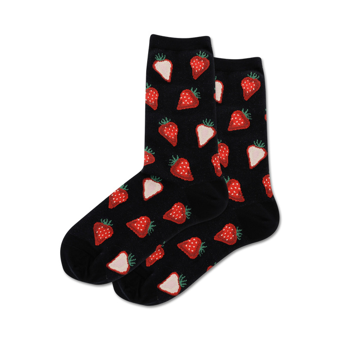 Pair of black crew socks with a repeating pattern of red and white strawberries. }}