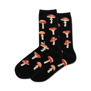 Pair of crew socks in black with a repeating pattern of red and white mushrooms and a small snail.