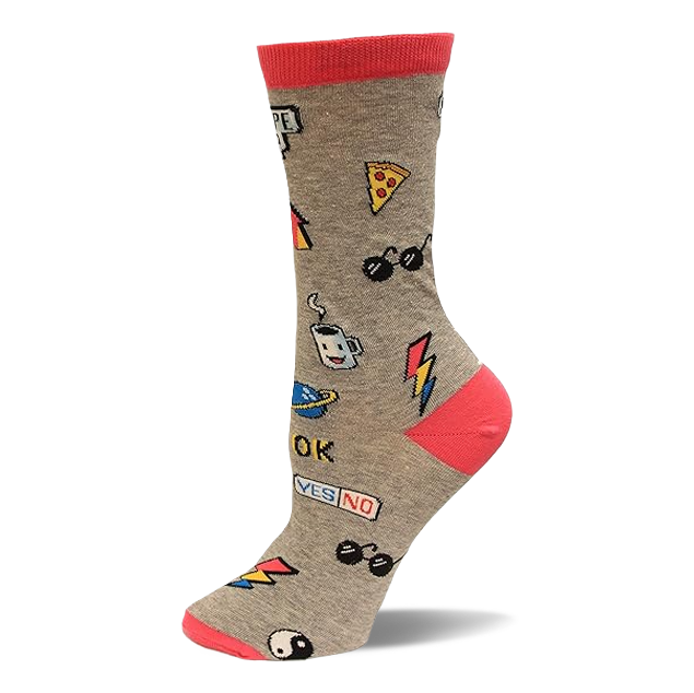 Single grey crew sock with red cuff, heel, and toe, adorned with colorful pop sticker graphics including pizza, sunglasses, and a lightning bolt. }}