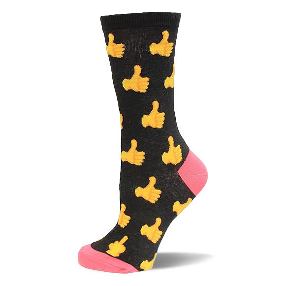 Black crew sock with repeating yellow thumbs up pattern. Bright pink visible on the heel and toe. }}