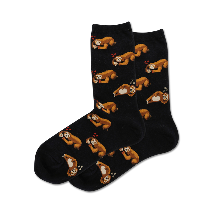 black crew socks with all-over sloth pattern. sloths in various poses. red heart shapes.    }}