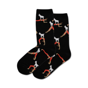 Pair of black crew socks with a repeating pattern of goats doing yoga poses with women.