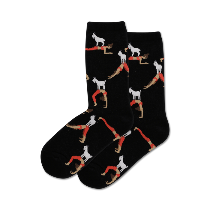 Pair of black crew socks with a repeating pattern of goats doing yoga poses with women.
