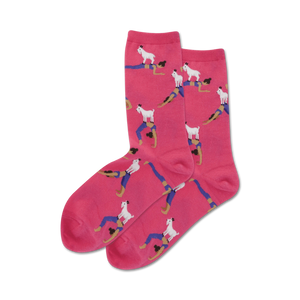 pink crew socks with cartoonish white goats in yoga poses on top of cartoonish women in yoga poses.   