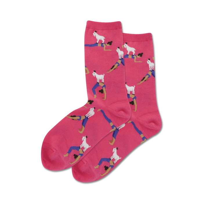 pink crew socks with cartoonish white goats in yoga poses on top of cartoonish women in yoga poses.   