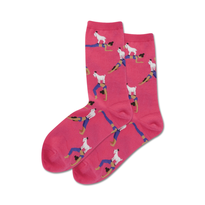 Flatlay showcasing a pair of hot pink crew socks with the same goat yoga design as the black socks.