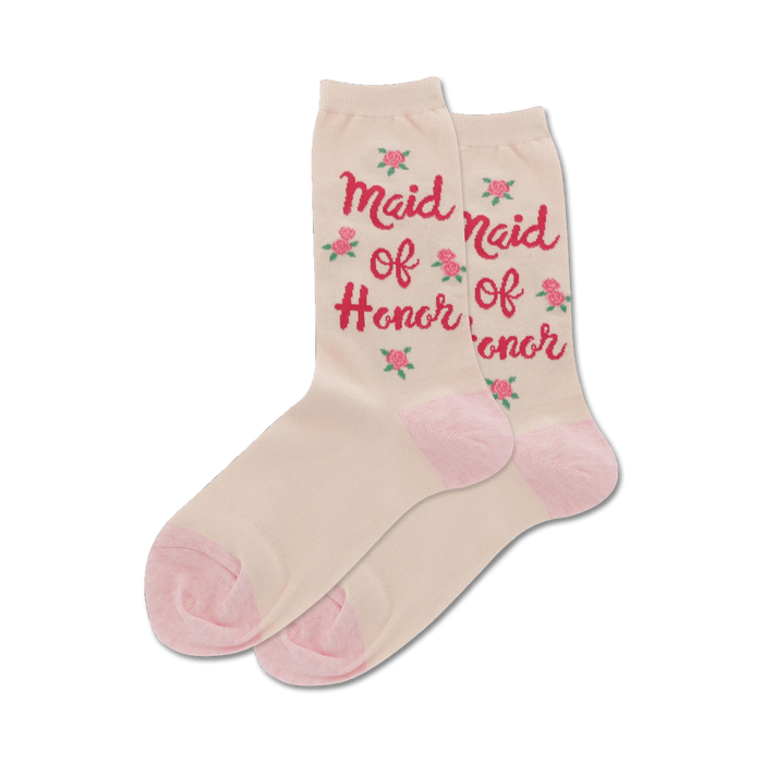 natural colored crew socks with red text that says maid of honor surrounded by flowers }}