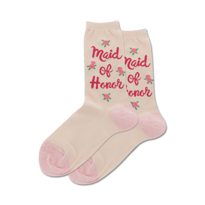 Pair of cream-colored crew socks with a pink 'Maid of Honor' text and small pink rose accents. }}