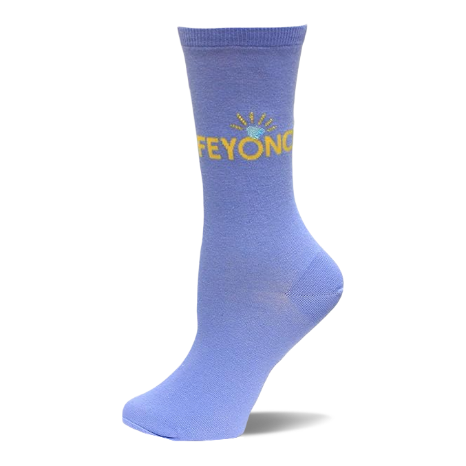 Single light purple crew sock with 'FEYONC' in yellow letters and a small blue and yellow engagement ring design. }}