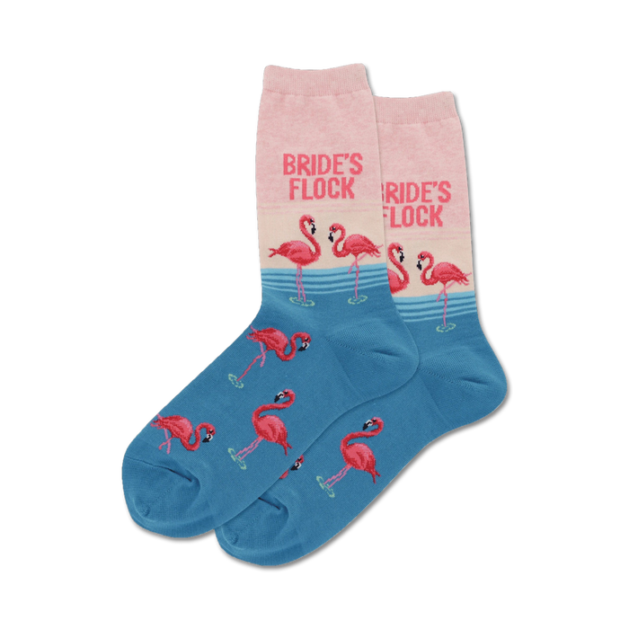 Pair of crew socks in blue and pink. Pink flamingos and 'Bride's Flock' text are featured. }}