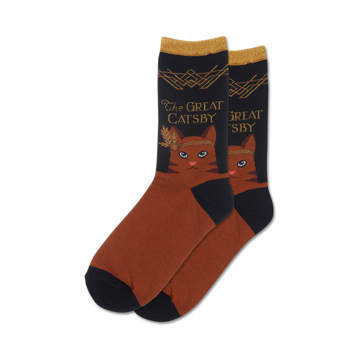 Pair of brown and black crew socks. Features a brown cat wearing a gold headband, with 'The Great Gatsby' text in gold lettering. }}