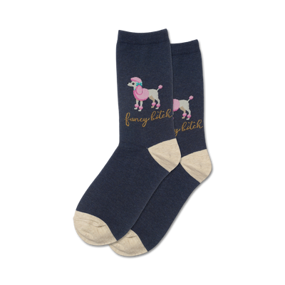 Pair of navy blue crew socks with a beige cuff.  Features a pink poodle design and 'Fancy Bitch' text in gold glitter.