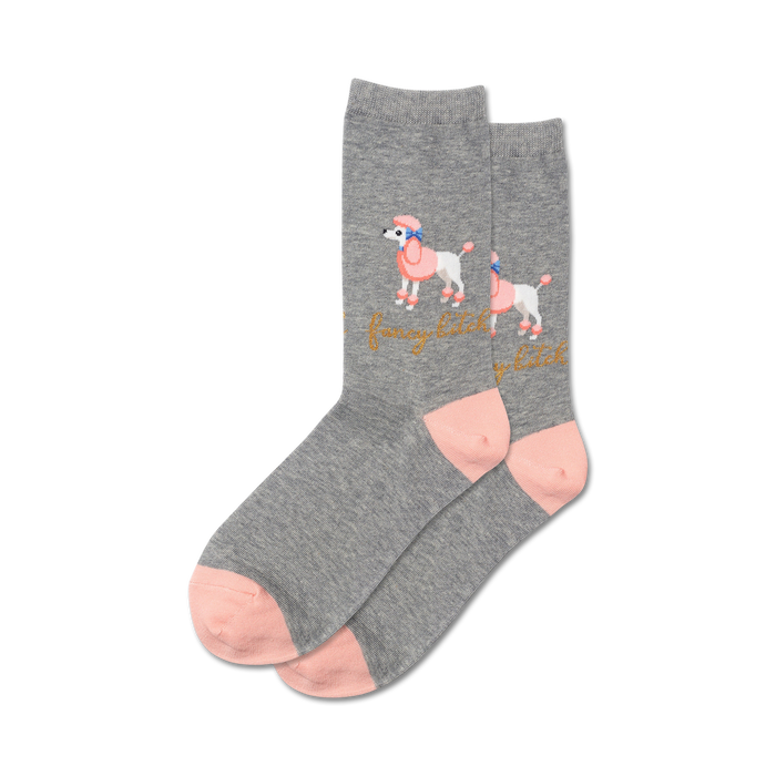 Lifestyle shot showing a pair of grey 'Fancy Bitch' socks with pink accents on a model's feet.
