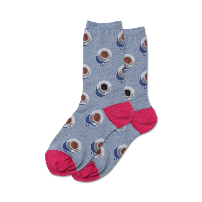 Pair of women's crew socks in light blue with a repeating coffee cup design and hot pink cuffs. }}