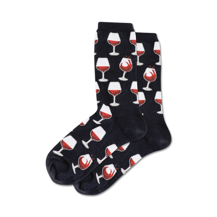 black crew socks for women with an allover pattern of cartoonish wine glasses with red, spilled wine.  