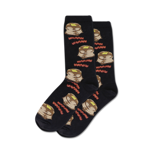 Pair of crew socks; black or grey with illustrated pancakes and bacon.