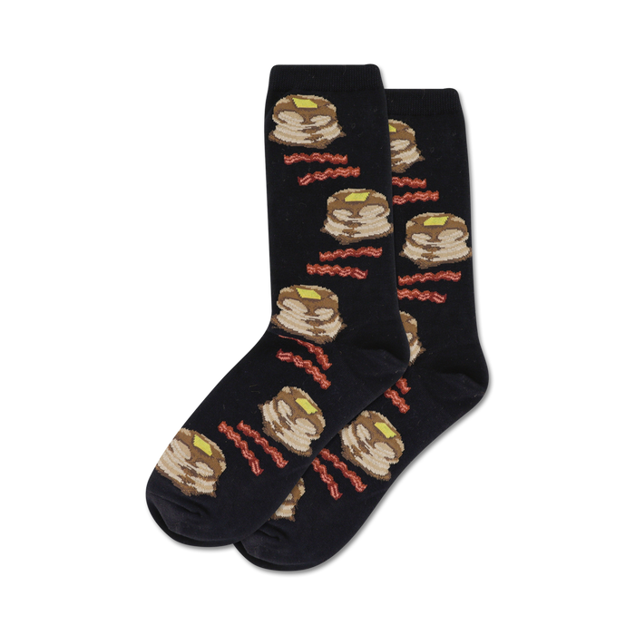 Pair of crew socks; black or grey with illustrated pancakes and bacon.