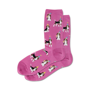 Pair of pink crew socks with a pattern of beagles wearing party hats.