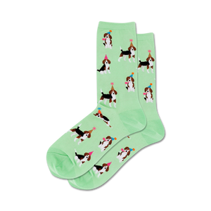 Lifestyle shot: A model's feet wearing the light green Party Beagle socks.
