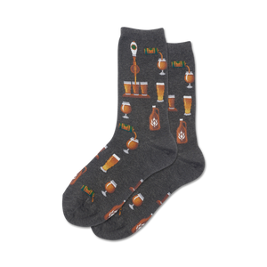 Pair of crew socks in grey and pink, showcasing a fun pattern of beer-related illustrations: bottles, glasses, and taps.