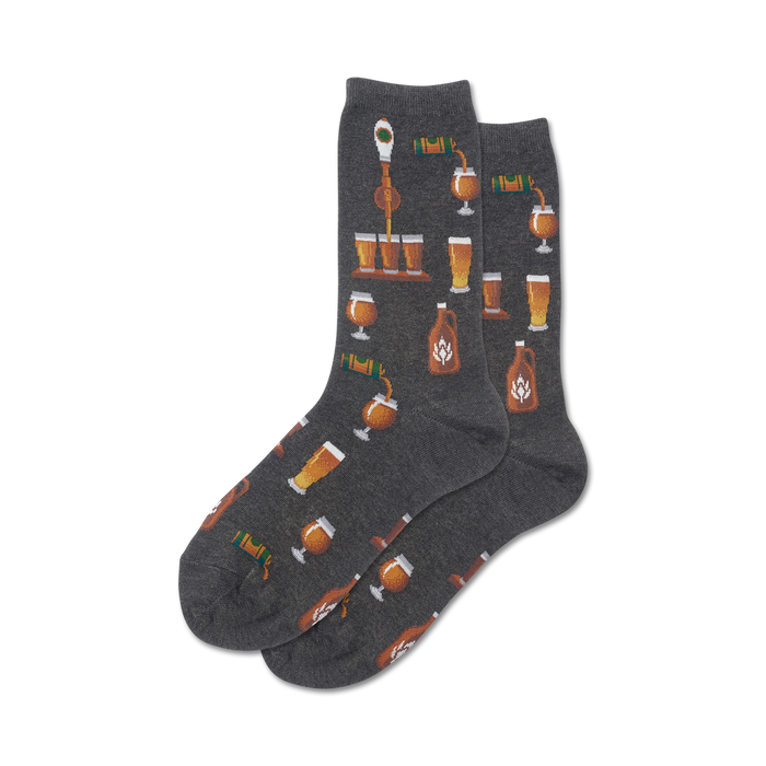 Pair of crew socks in grey and pink, showcasing a fun pattern of beer-related illustrations: bottles, glasses, and taps.