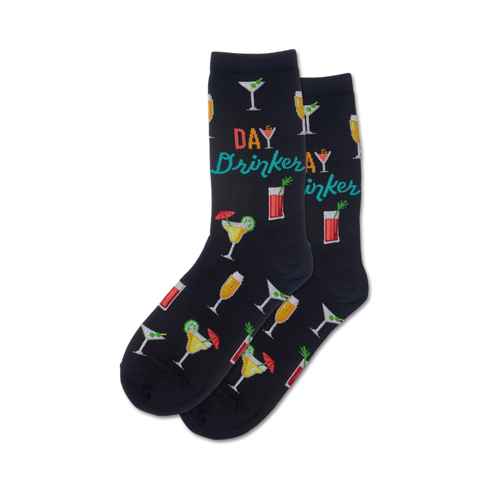 women's black crew socks with different beer cocktail patterns.  