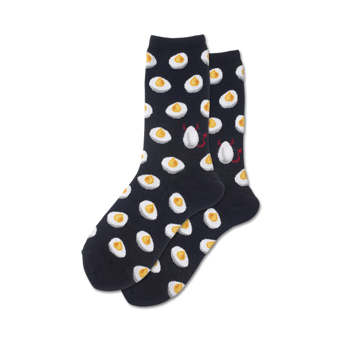 Pair of navy blue crew socks with a repeating pattern of illustrated deviled eggs and small devil images. }}