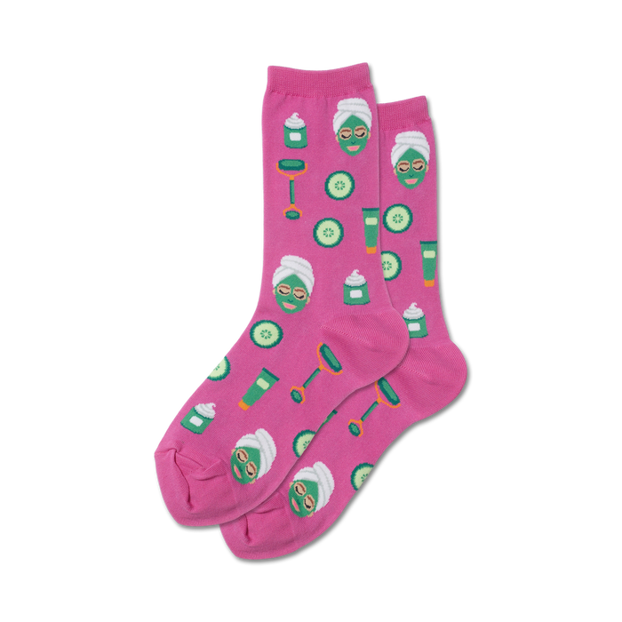 women's spa facial pattern crew socks in pink.  