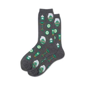 womens crew socks featuring a relaxing spa-themed pattern of gray, green facial masks, jade rollers, and cucumber slices.  