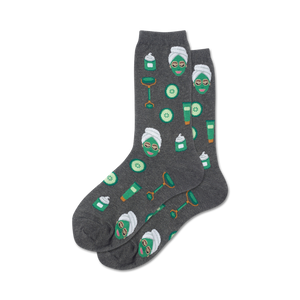 Pair of gray crew socks with the same spa-themed design as the pink pair.