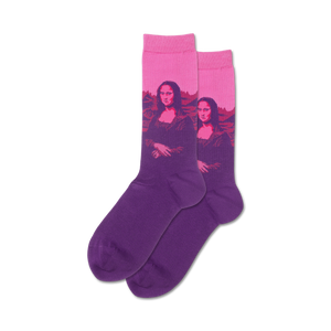 Pair of crew socks in pink and purple ombre featuring a pop art Mona Lisa design.