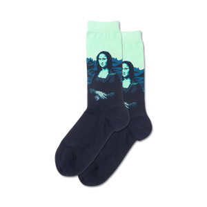 Lifestyle shot showcasing the teal and navy Mona Lisa Pop socks on a model's feet.