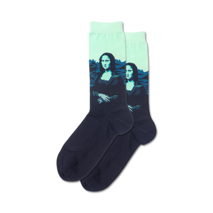 Lifestyle shot showcasing the teal and navy Mona Lisa Pop socks on a model's feet.