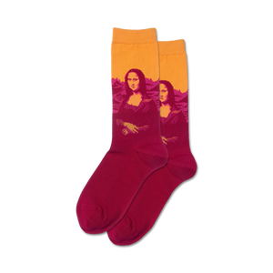 Flat lay product shot of the orange and burgundy Mona Lisa Pop socks.