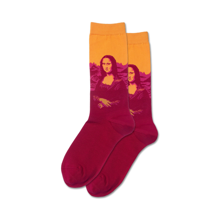 Flat lay product shot of the orange and burgundy Mona Lisa Pop socks.