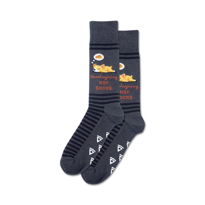 mens gray thanksgiving socks have corgis napping on pie non skid sole crew length.    }}