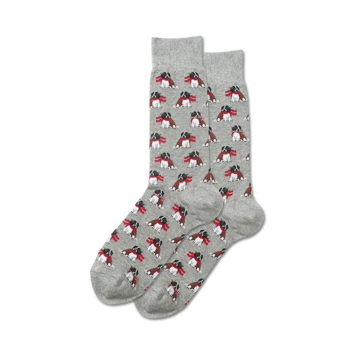 gray crew socks with cartoon dogs wearing red and green scarves. perfect for christmas.  